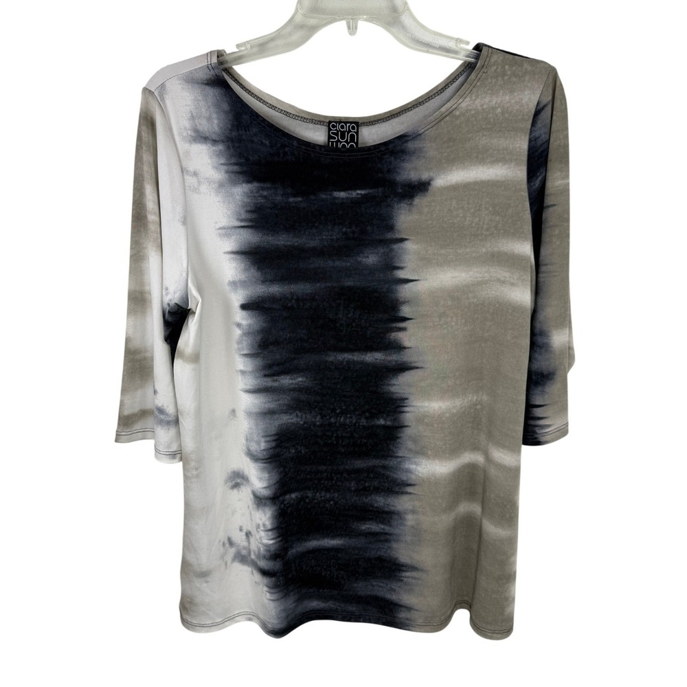 Clara Sunwoo Womens XS Tie Dye 3/4 Sleeve Scoop Neck Blouse Grey Black USA Made